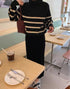 Women Turtle Neck Striped Pattern Knitted Sweater